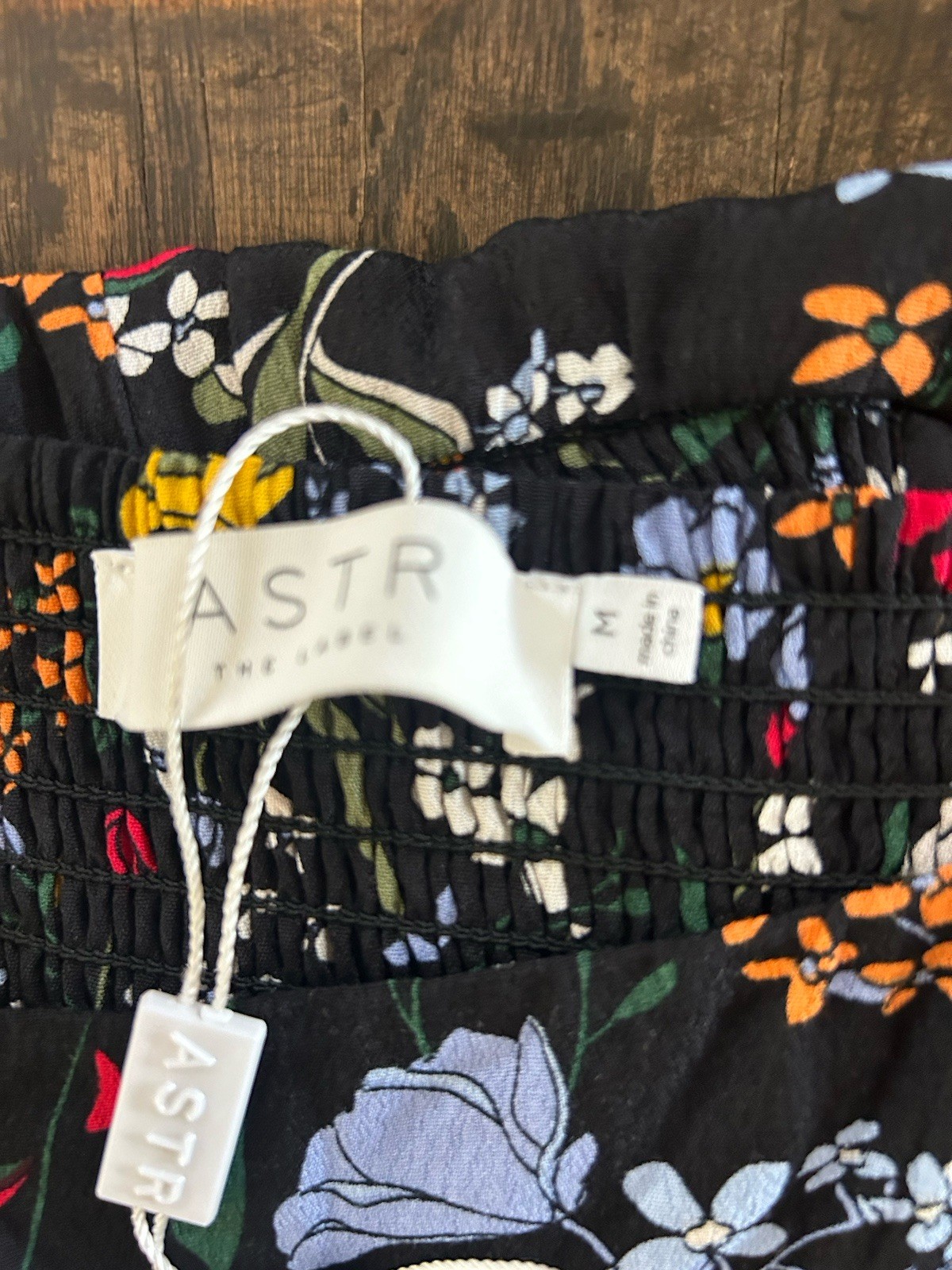 ASTR the label Black Floral Puff Short Sleeve Midi Dress Medium Smocked Back