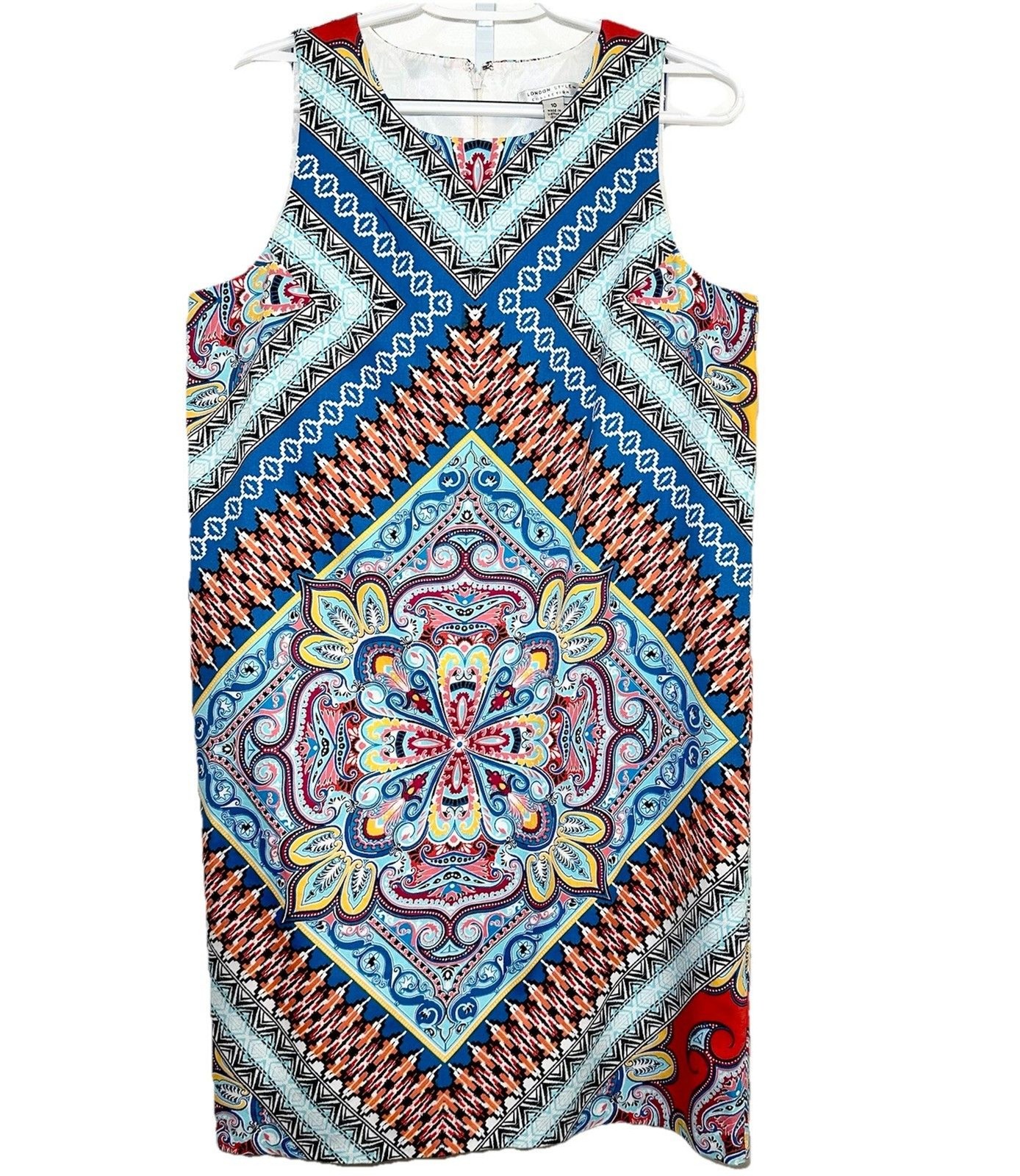 London Style Scarf Print Shift Dress Sleeveless Boho Medallion Cotton Size 10