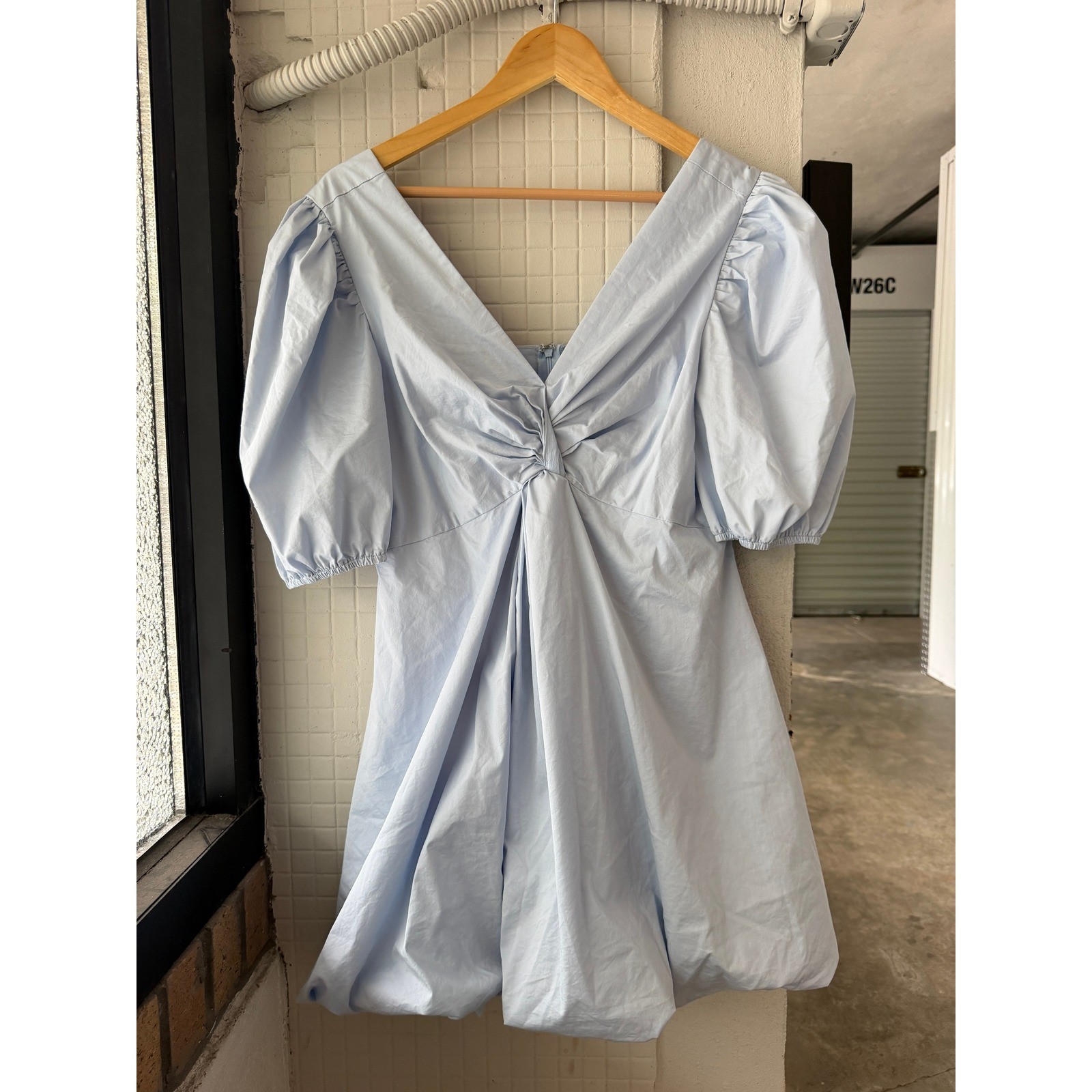 PINCH Light Blue Pastel Twist Front Puff Sleeve Bubble Hem Babydoll Mini Dress L