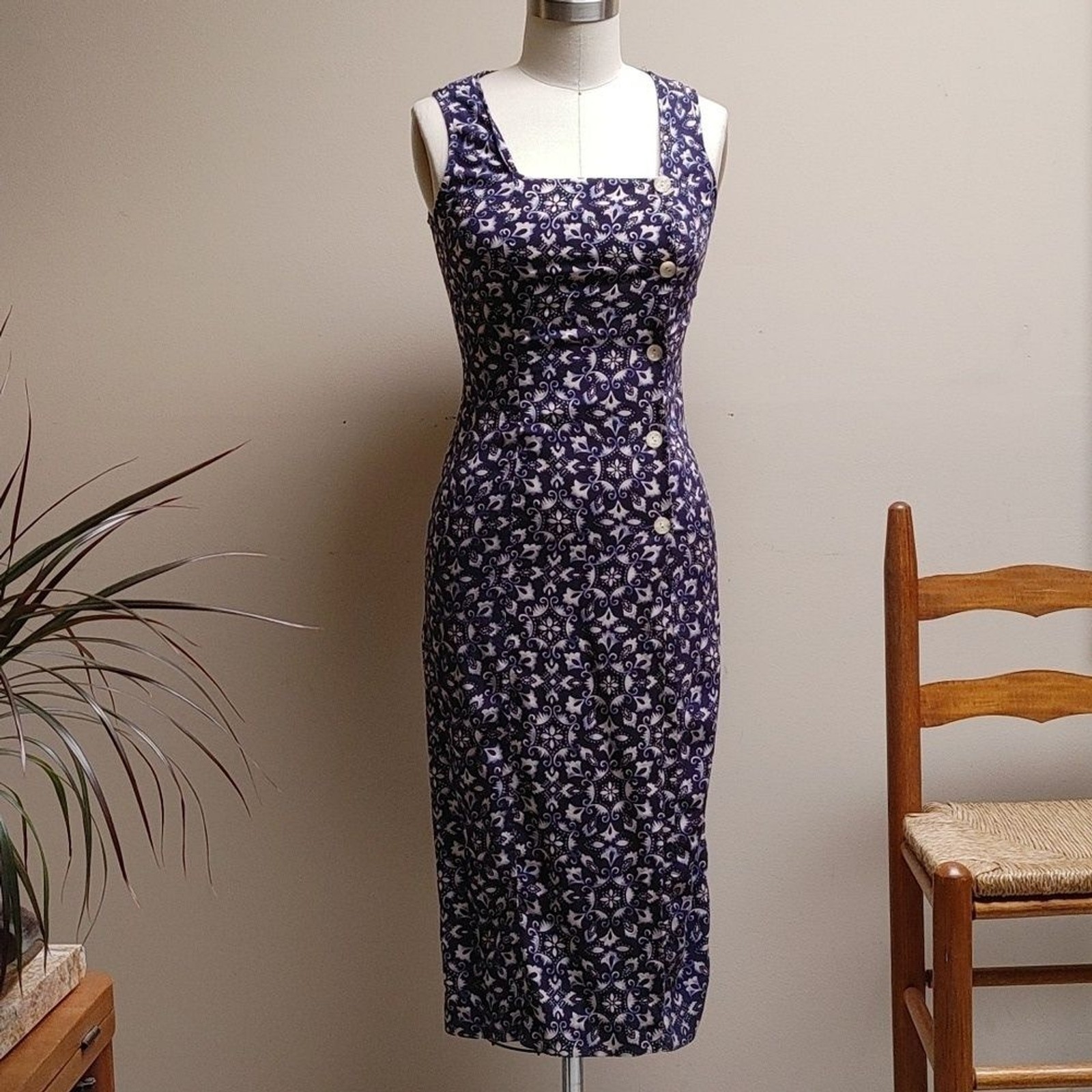 Vintage My Michelle Rayon Square Neck Blue & Ivory Fitted Dress 2/4