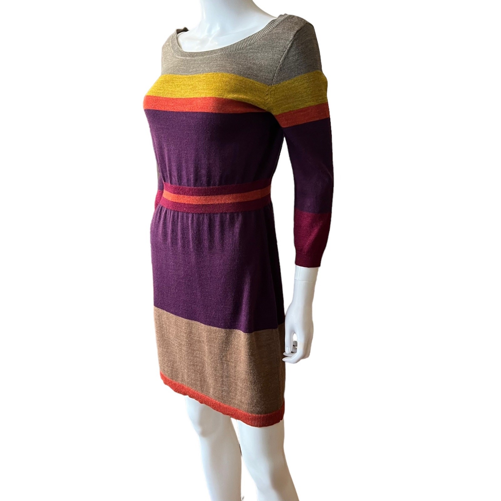 Loft Purple Orange Camel Striped A-Line 3/4 Sleeve Sweater Dress M