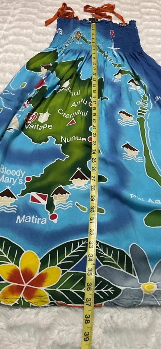 Bora Bora Womens Small Medium Tropical Map Sea Life Tie Shoulder Long Sundress
