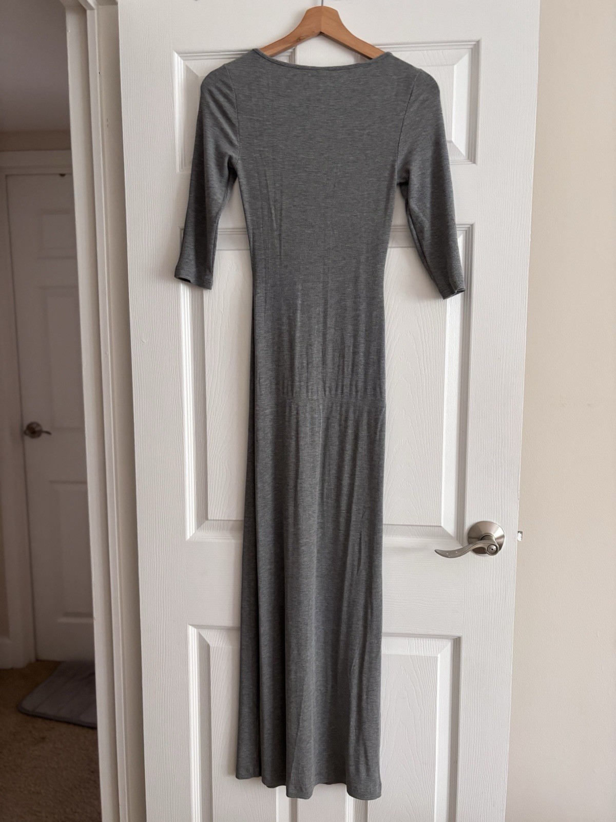 Splendid Gray Ribbed Knit Scoop Neck 3/4 Sleeve Stretch Maxi Dress S