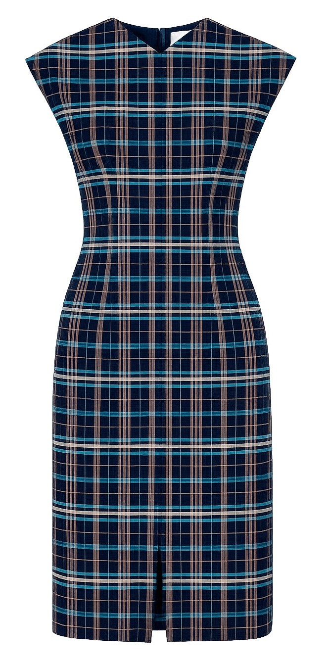 BOSS Hugo Boss Daela Plaid Sheath Dress 4 Navy Teal Cotton Stretch Career EU 36
