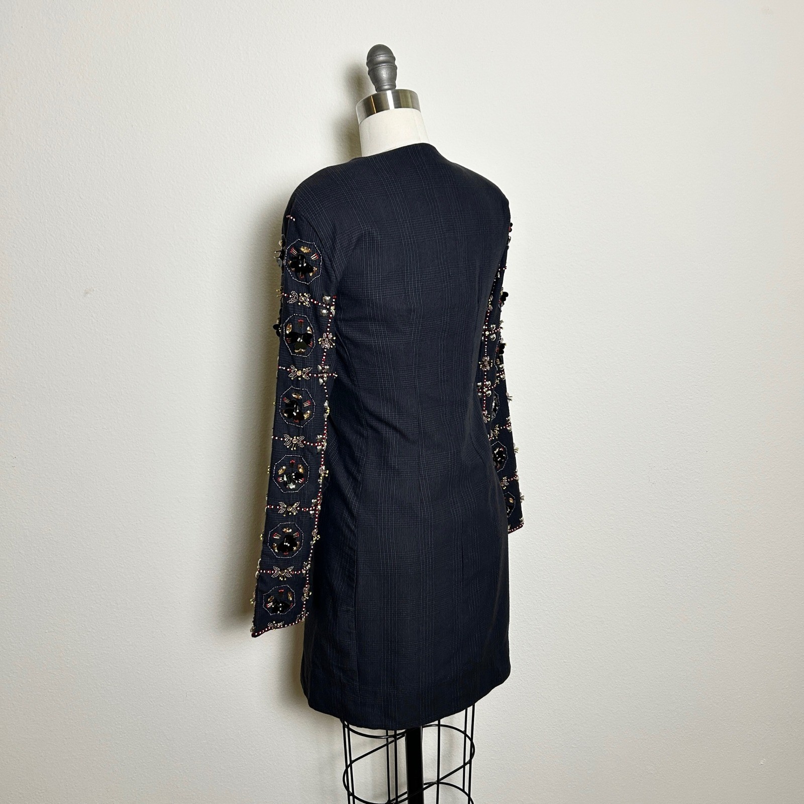 NWT Maeve Long Sleeve Embellished Blazer Mini Dress Black Plunging Neckline XXS
