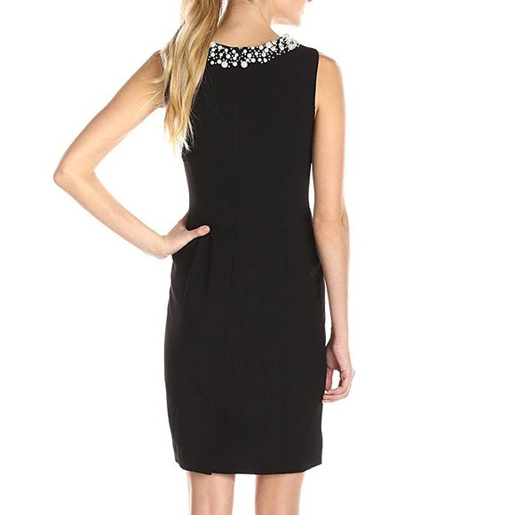 CALVIN KLEIN Petite Beaded Crew Neck Sleevess Sheath Knee Length Dress, 2P Black