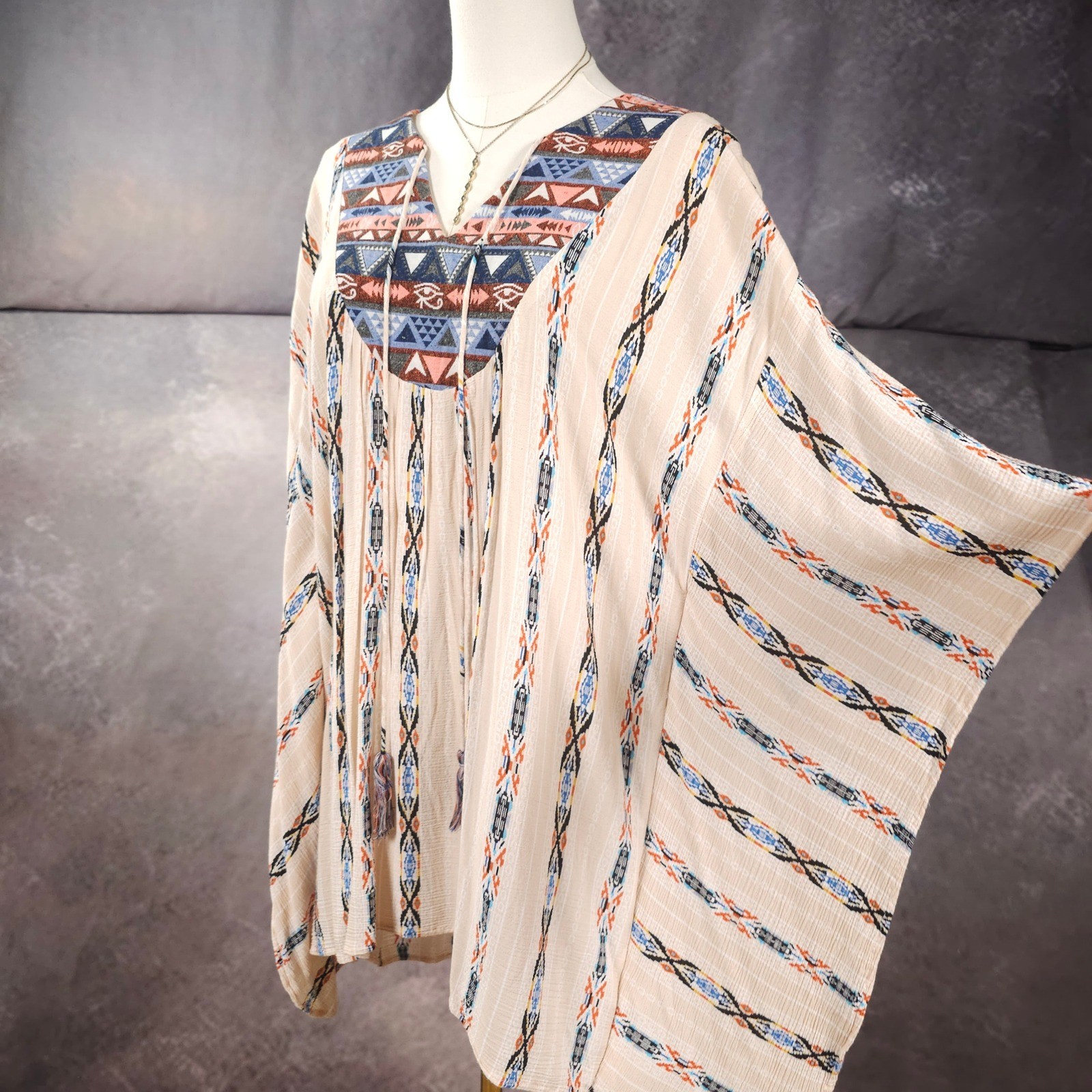 Umgee Mini Dress Boho Southwestern Festival Tribal Tassel Oversized Cream M/L