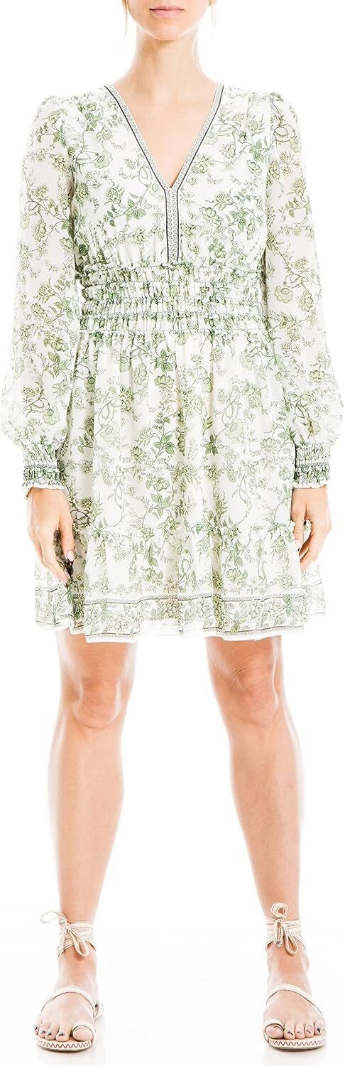 Max Studio Green Floral Long Sleeve Smocked Waist Mini Dress – Size Small