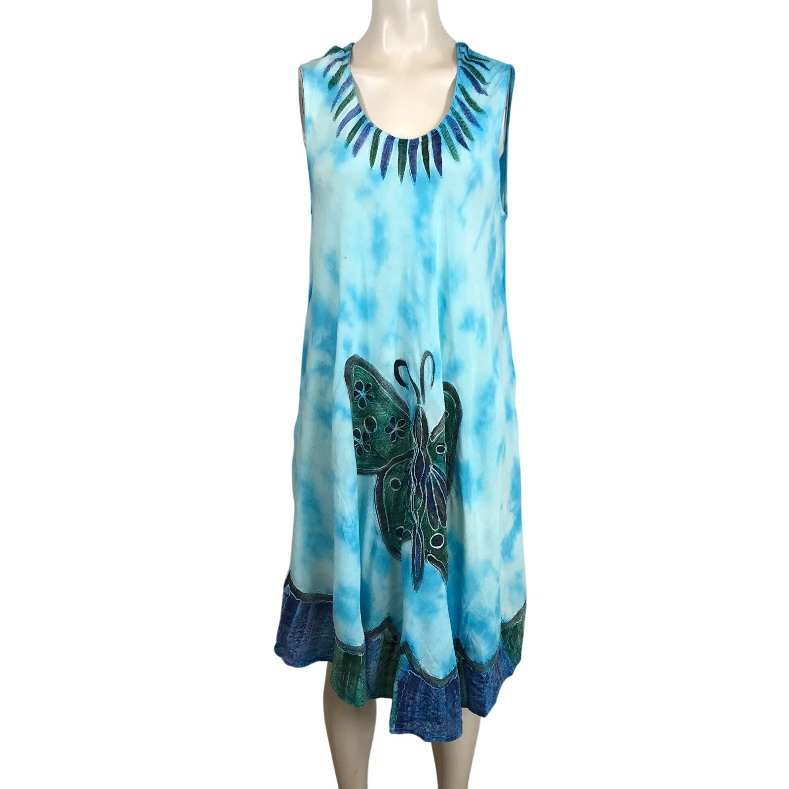 SAKKAS – WOMEN’S ONE SIZE – BLUE SLEEVELESS ROUND NECK BUTTERFLY DRESS