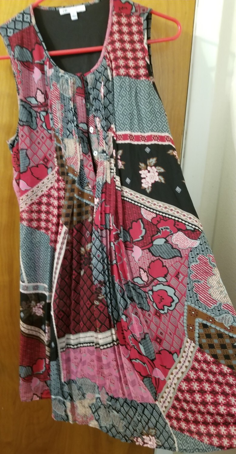 Women’s DR2 by Daniel Rainn Patchwork Print Pleated Boho Dress Shift size Small