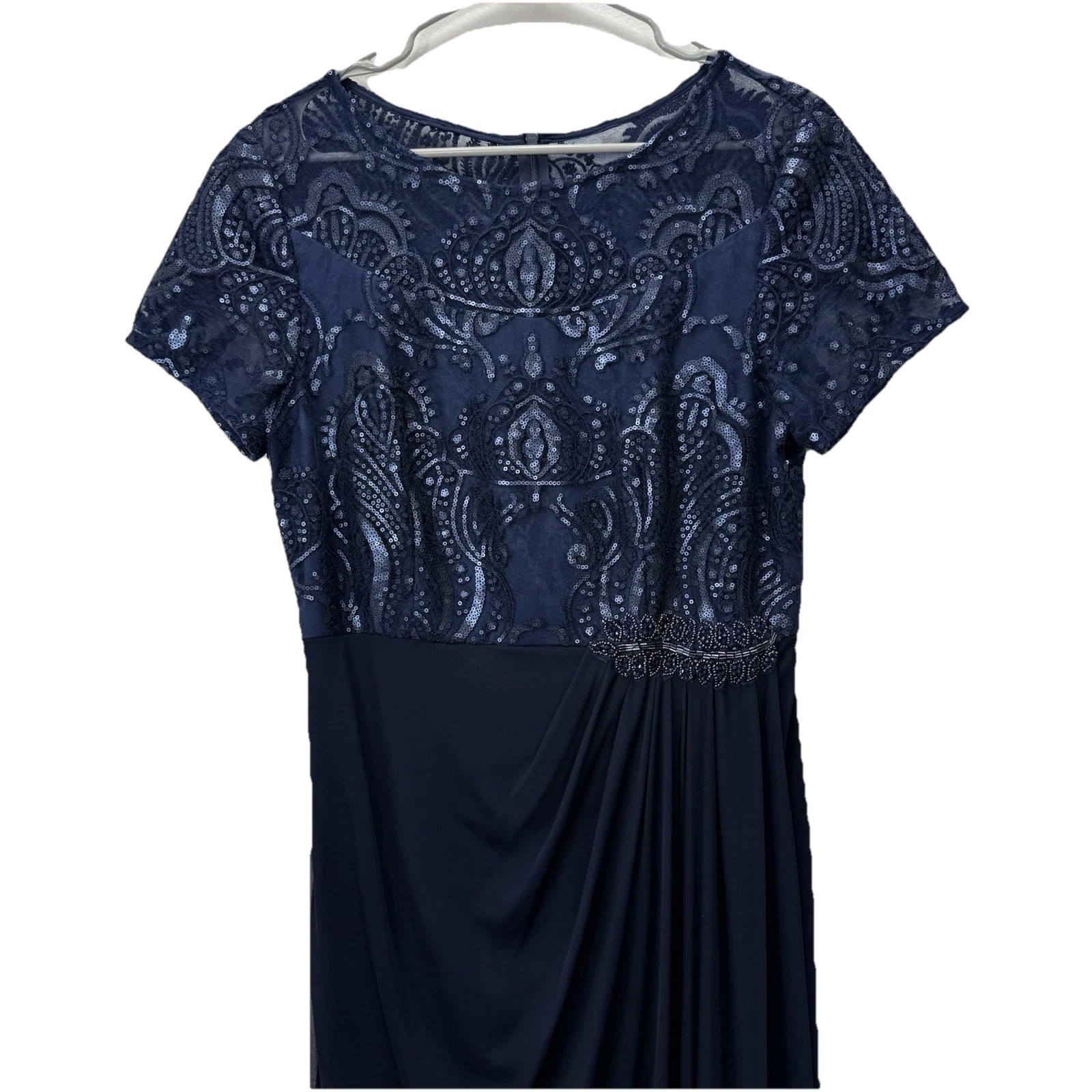 Alex Evenings Navy Blue Sequin Draped Short Sleeve Maxi Dress Size 10 Wedding