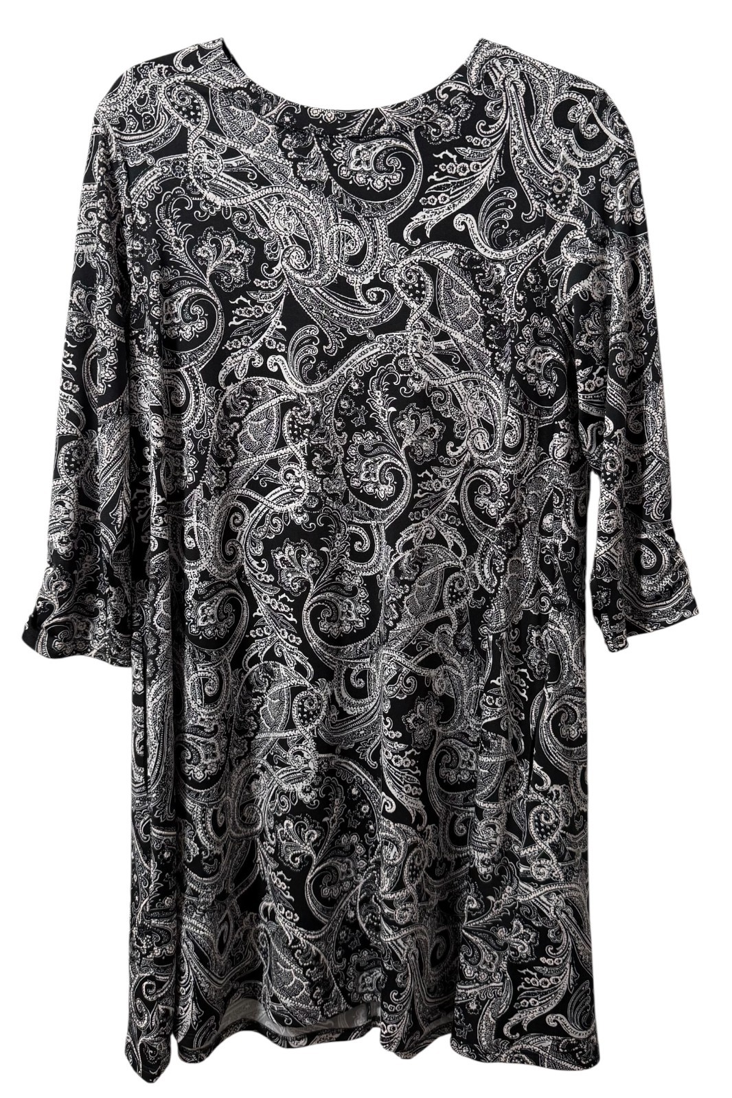 Apt 9 L Black White Paisley Shift Dress High Neck 3/4 Sleeve Pockets Modern Chic