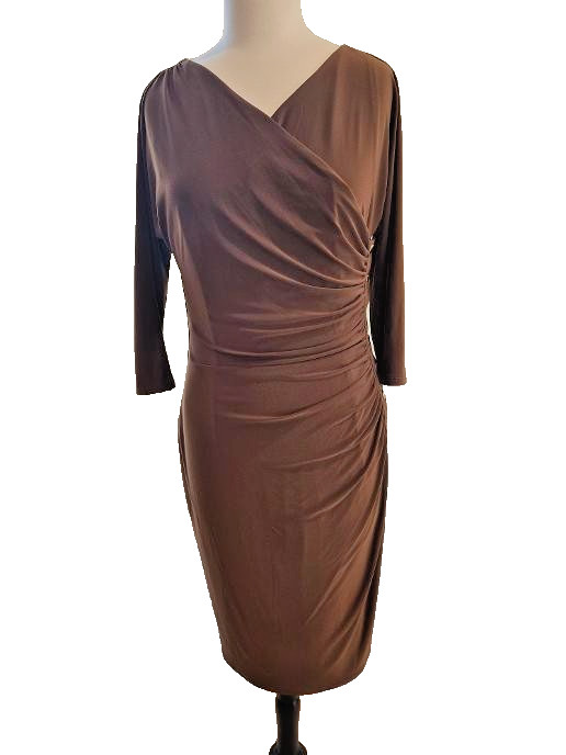 Lauren Ralph Lauren Brown Faux Wrap Dress Size 10 Ruched 3/4 Sleeve Sheath