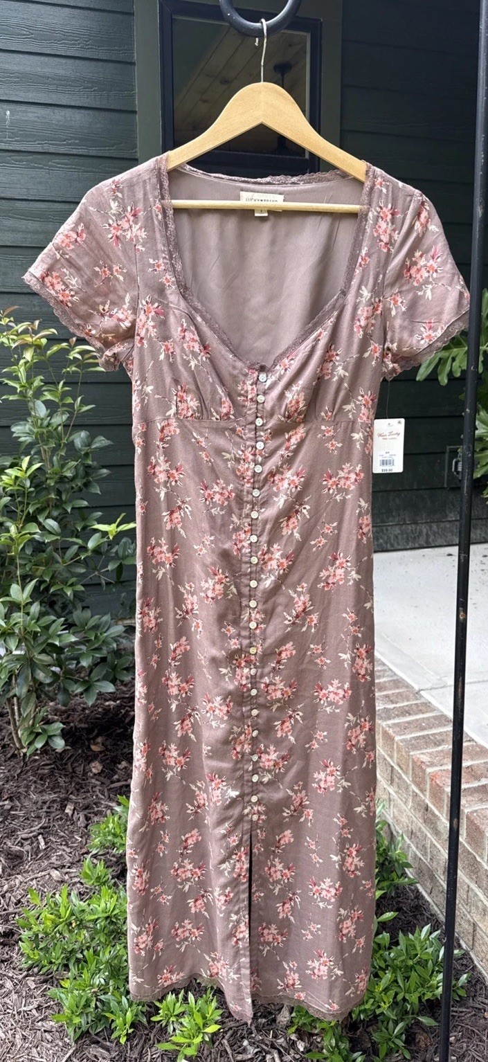 Lucky Brand Women’s Floral Shirt Midi Dress Taupe Sz S