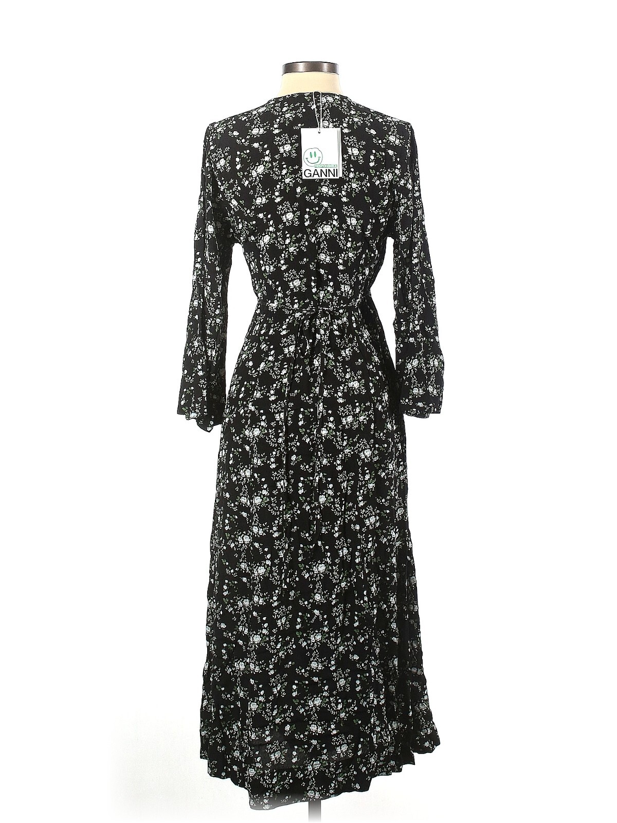 NWT GANNI Floral Printed Crepe Wrap Midi in Phantom Black Dress 34 US 2 $285