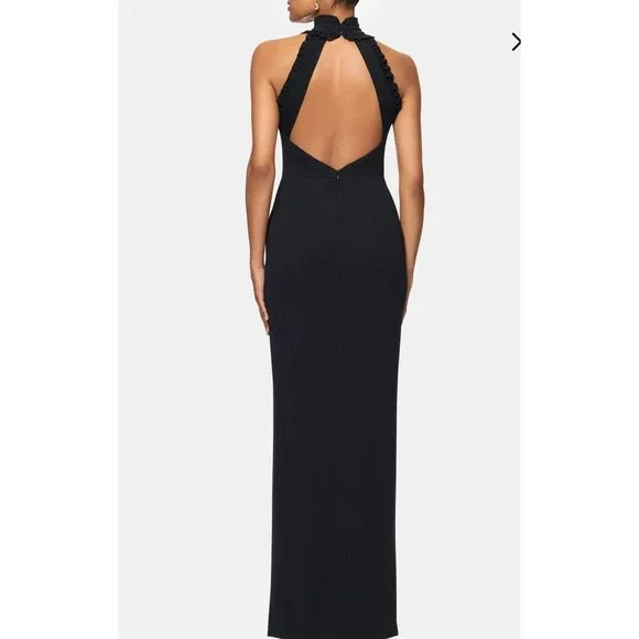 Xscape Black Halter Neck Ruffle Crepe Open Back Gown Size 8 $235