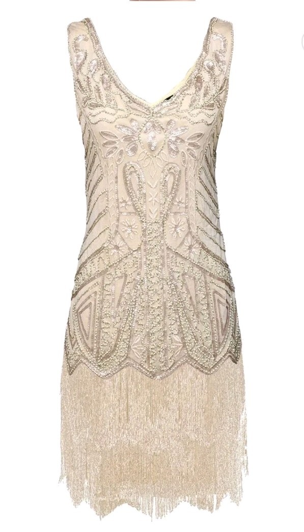 Babeyond Flapper Midi Dress Women’s M 1920s V Neck Bead Fringe SZ XL Biege