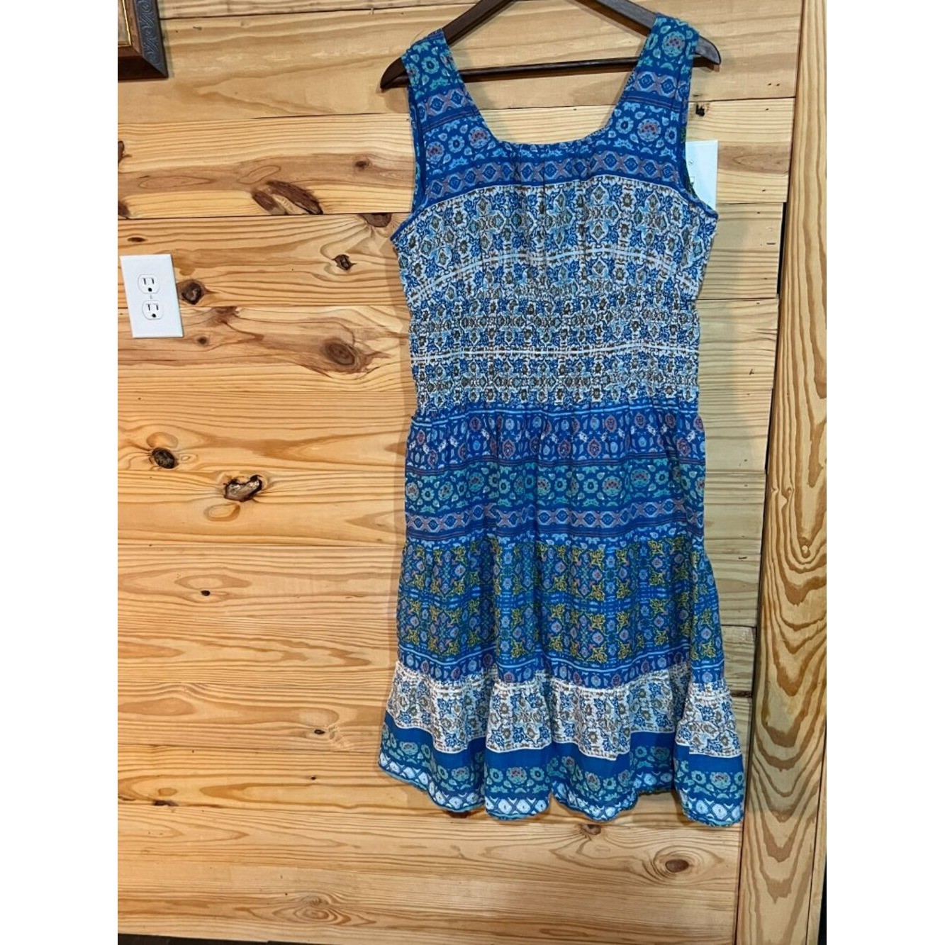 Mlle Gabrielle Blue Floral Midi Smocked Tiered Beaded Square V-Neck Dress 2X