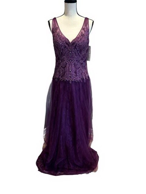 Eggplant Purple Embroidered Beaded Lace Mesh Overlay Gown Size 6 $349