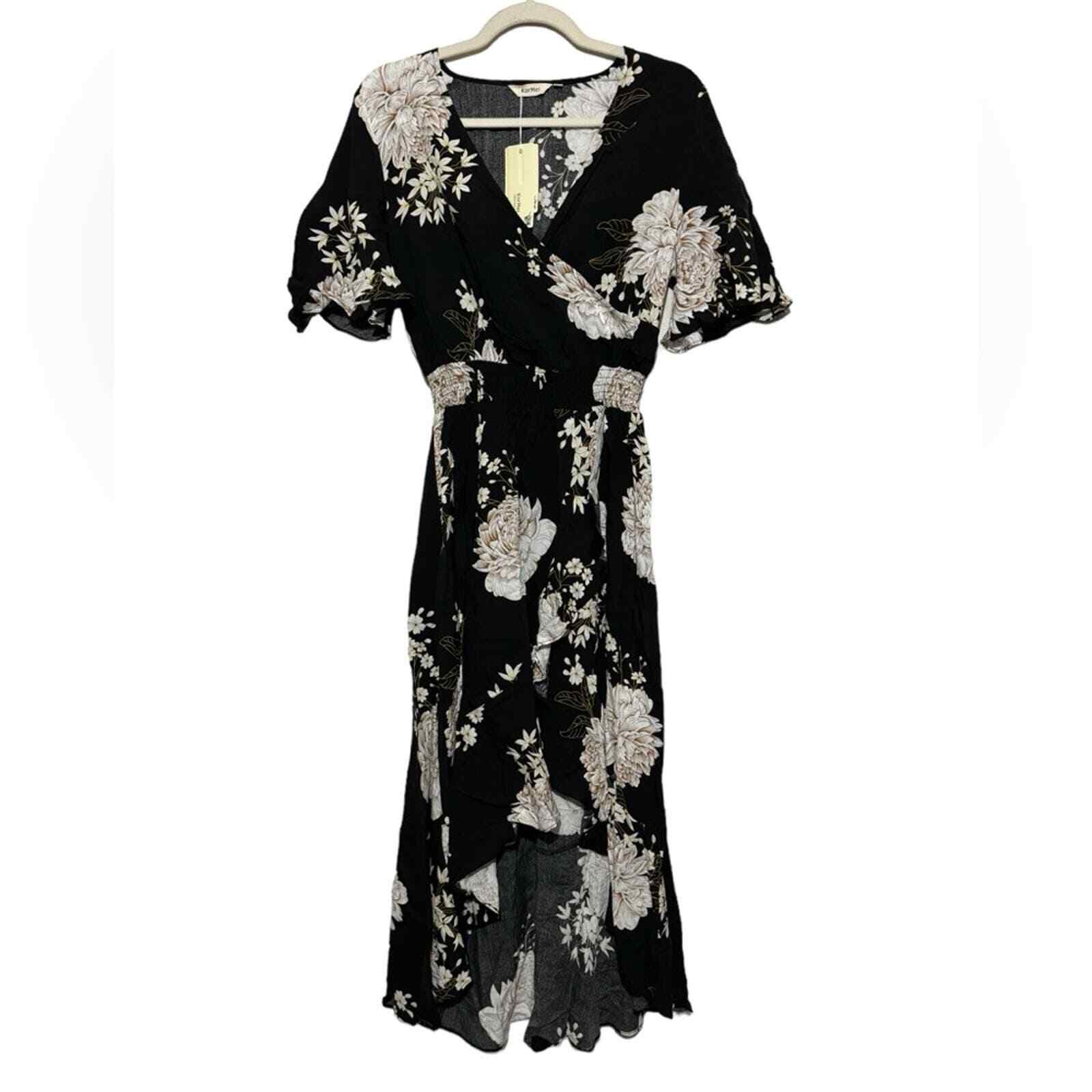 Kor Mei Long Modest Black White Floral Faux Wrap Midi Dress Women’s Size Medium