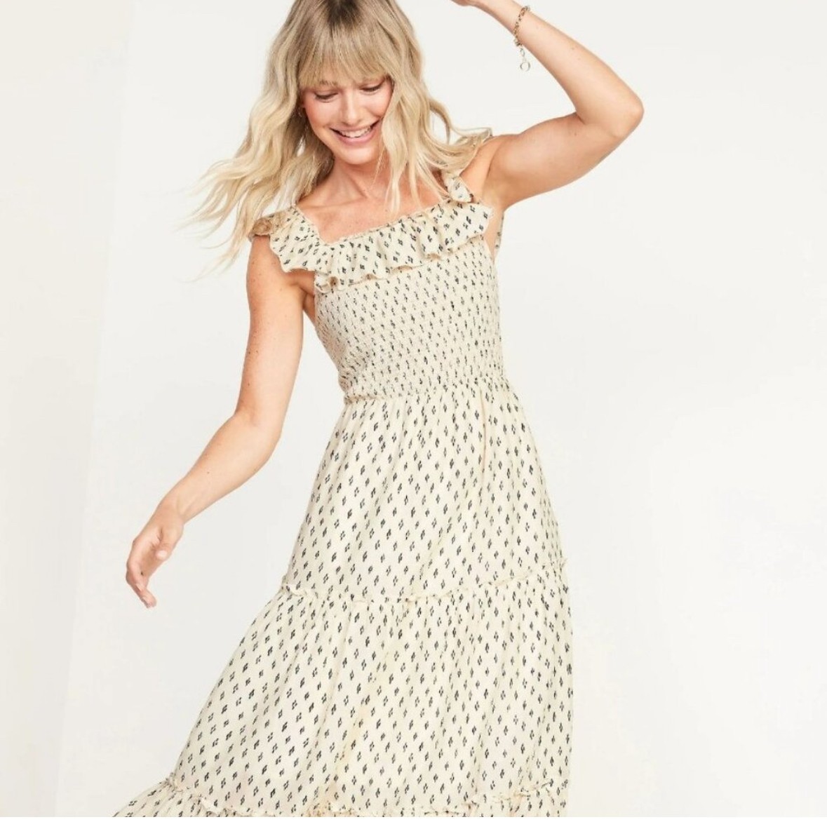 Old Navy Fit & Flare Smocked Printed Maxi Dress Ruffled Cotton and Rayon mix