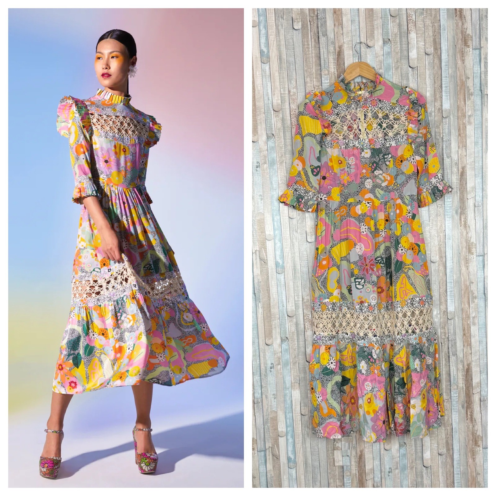 Celia B Sunny Dress Colorful Floral Crochet Lace High Ruffle Neck Tiered Midi M
