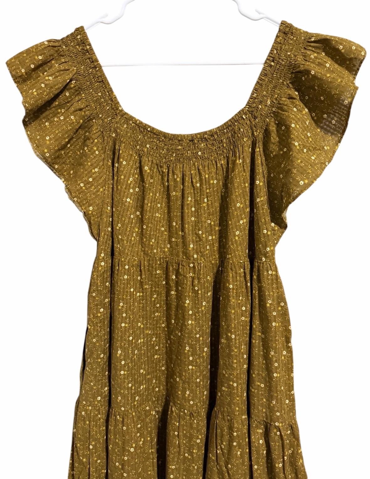Madewell Ruffle-Sleeve Tiered Midi Dress in Daisy Stitch Weathered Olive Size L