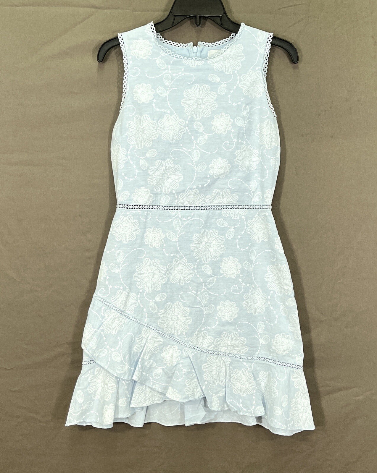 J.O.A. Just One Answer BLUE Floral COTTON TWILL Eyelet RUFFLED Sheath Dress XS