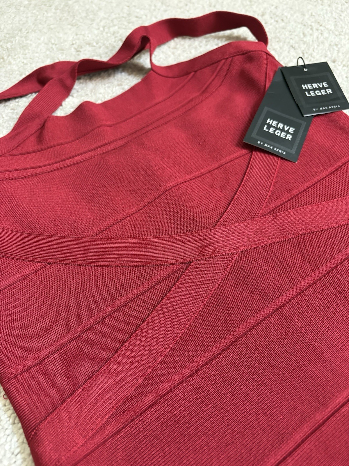 New Herve Leger Bandage Bodycon Dress Size M Wine Red Strappy Knee Length