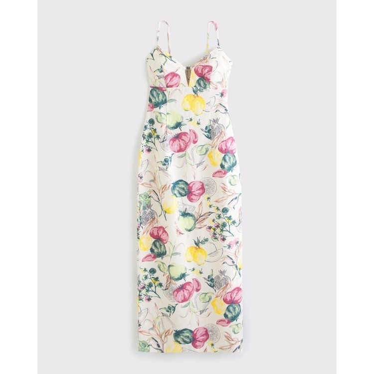 Abercrombie & Fitch Premium Linen Cutout Midi Dress Vegetable Print Cream Med P