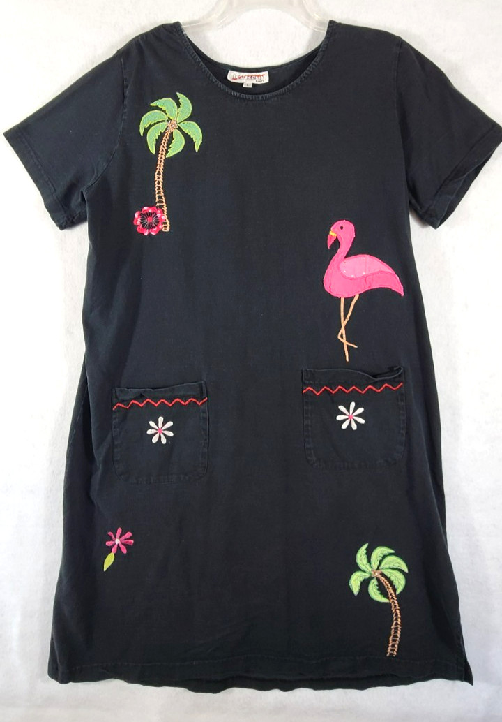 Vintage Kaktus Dress Black Tropical Flamingo Palm Tree Embellished Womens Large