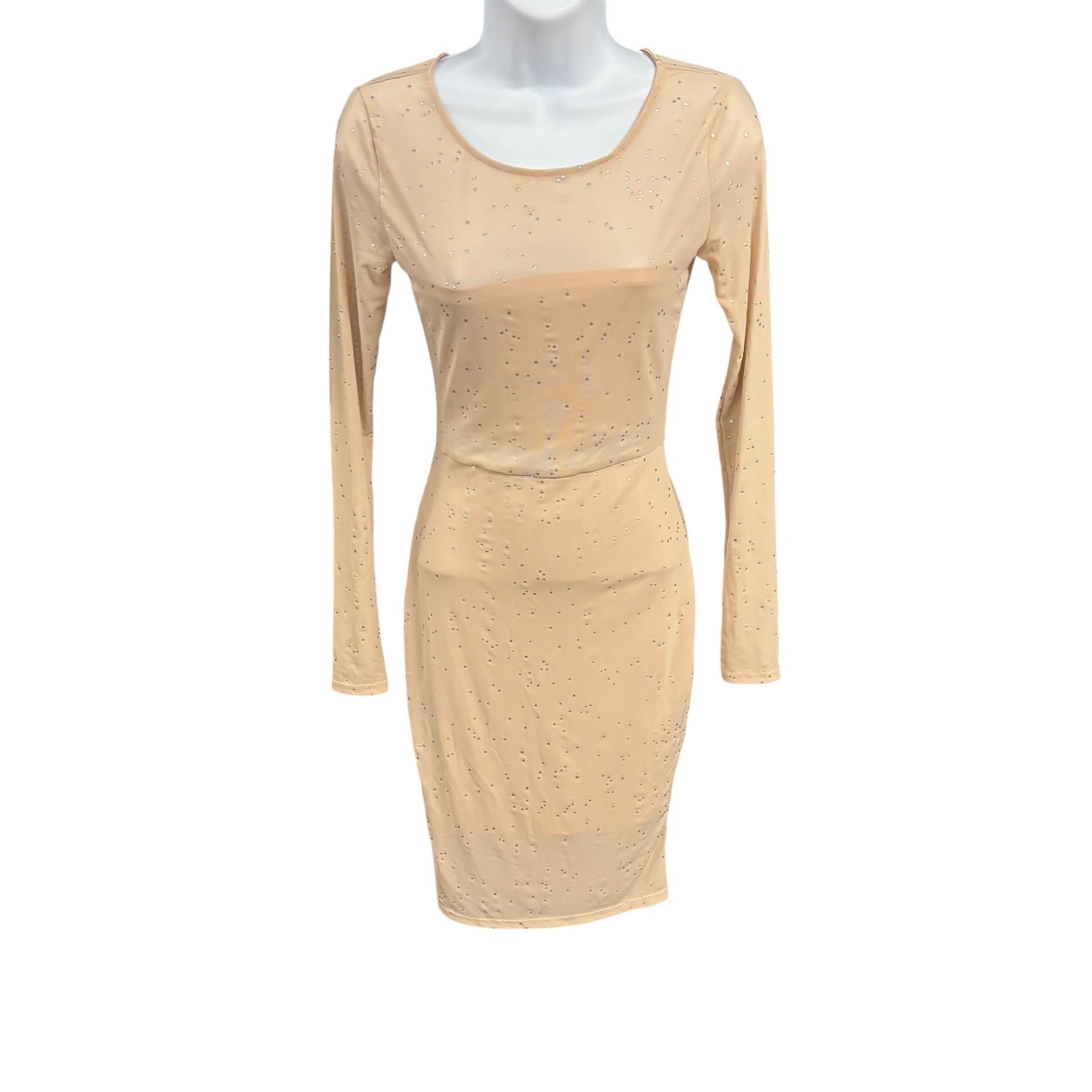 Nude Rhinestone Long Sleeve Small Mesh Mini Dress Bodycon Party Homecoming