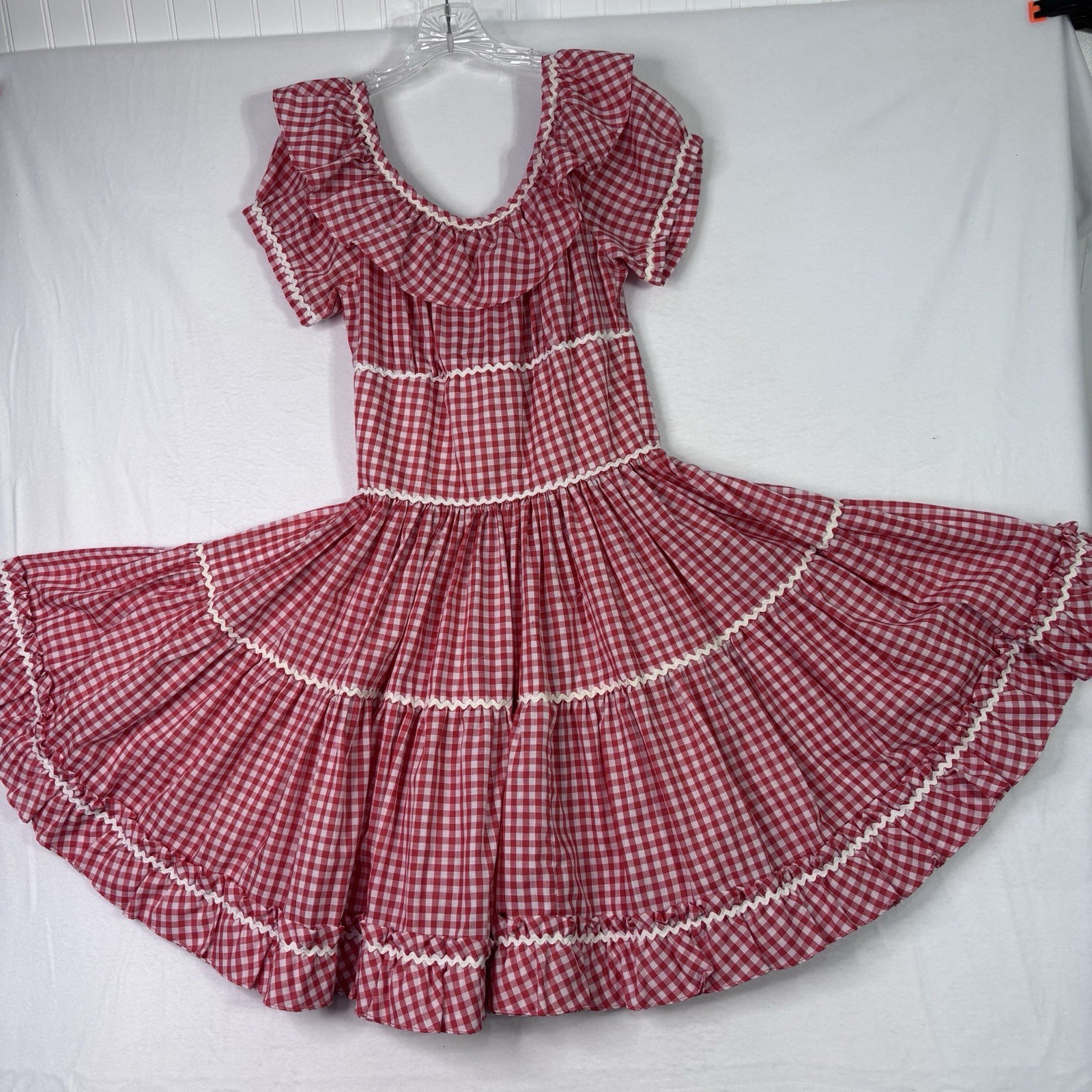 VTG Red White Gingham Square Dance Dress Prairie Rockabilly handmade full skirt