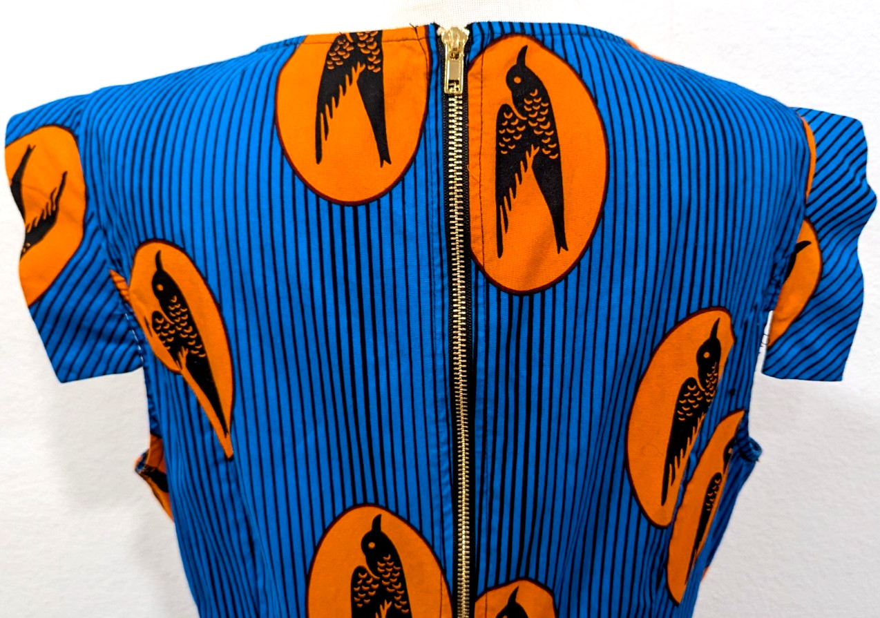 MAE OTTI Authentic African Print Mini Dress BIRDS Blue Black Stripe Size XL EUC*