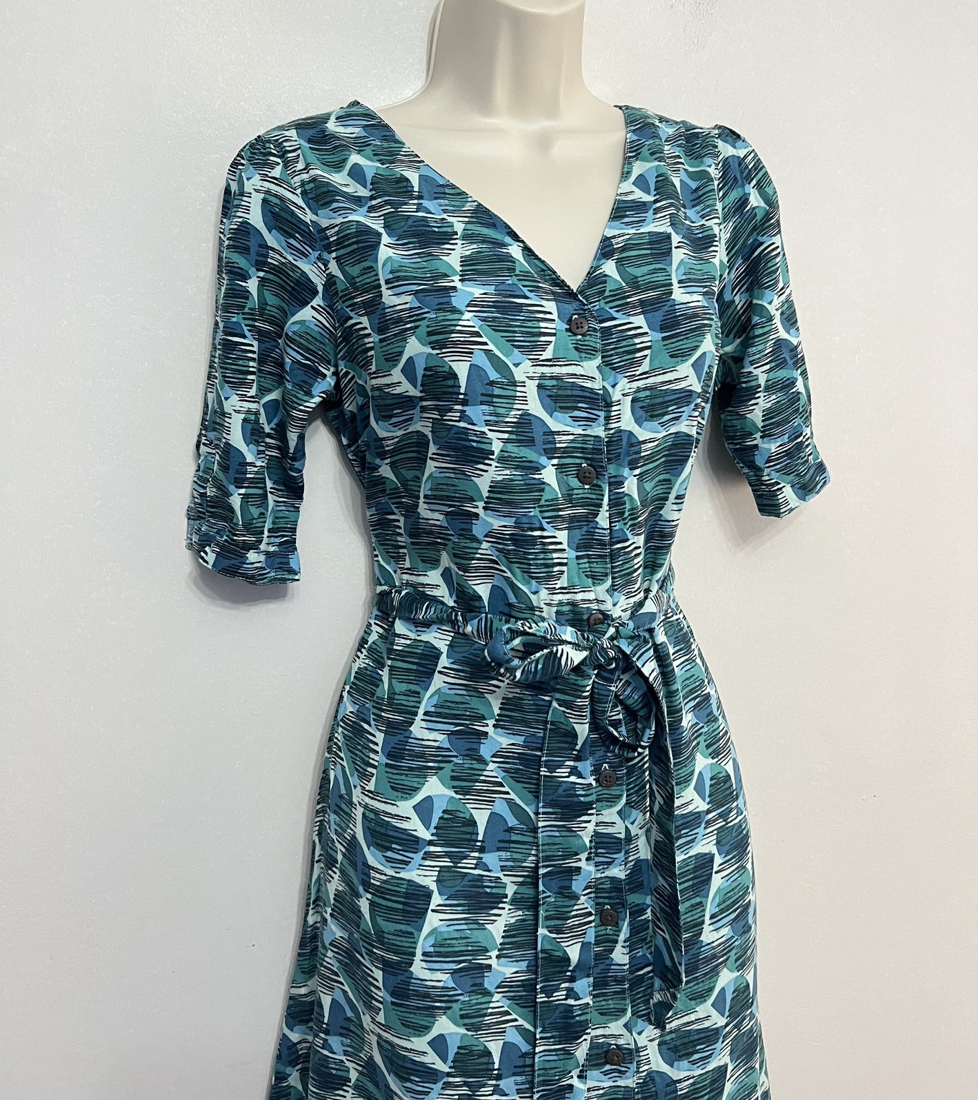 Weird Fish Button Up Belted Tie Abstract Print Midi Shirt Dress UK 10
