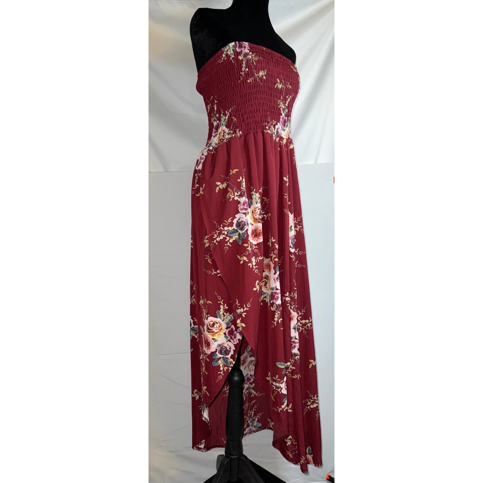 Burgundy Floral Smocked Strapless High Low Maxi Dress Wine Boho Tulip Hem