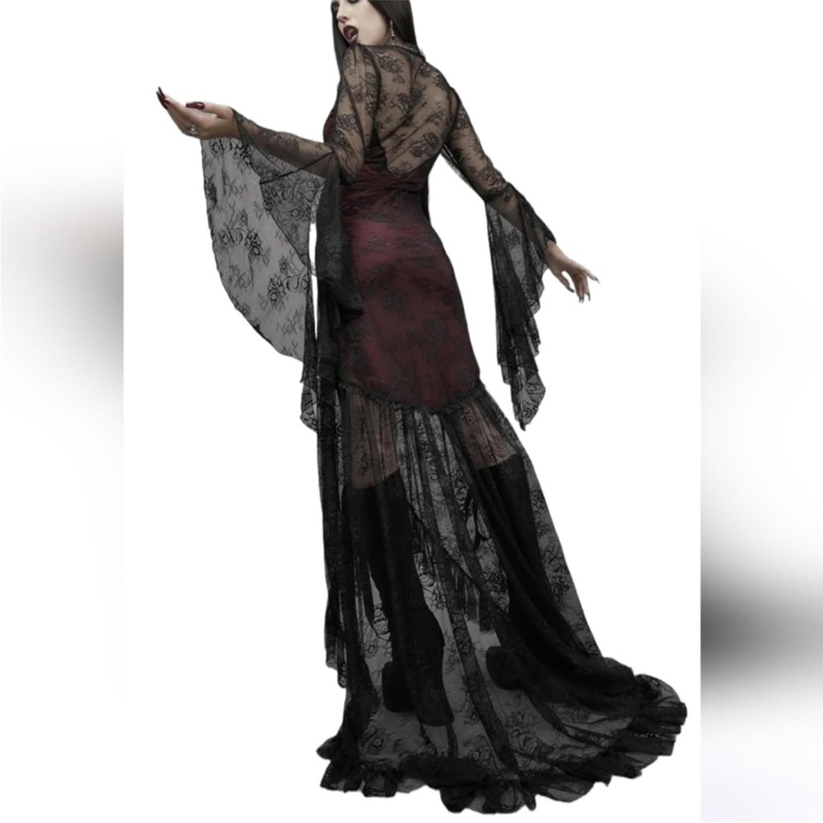 Widow Dolls Kill Sheer Lace Maxi Dress Bell Sleeves Goth Witch Black Red Small