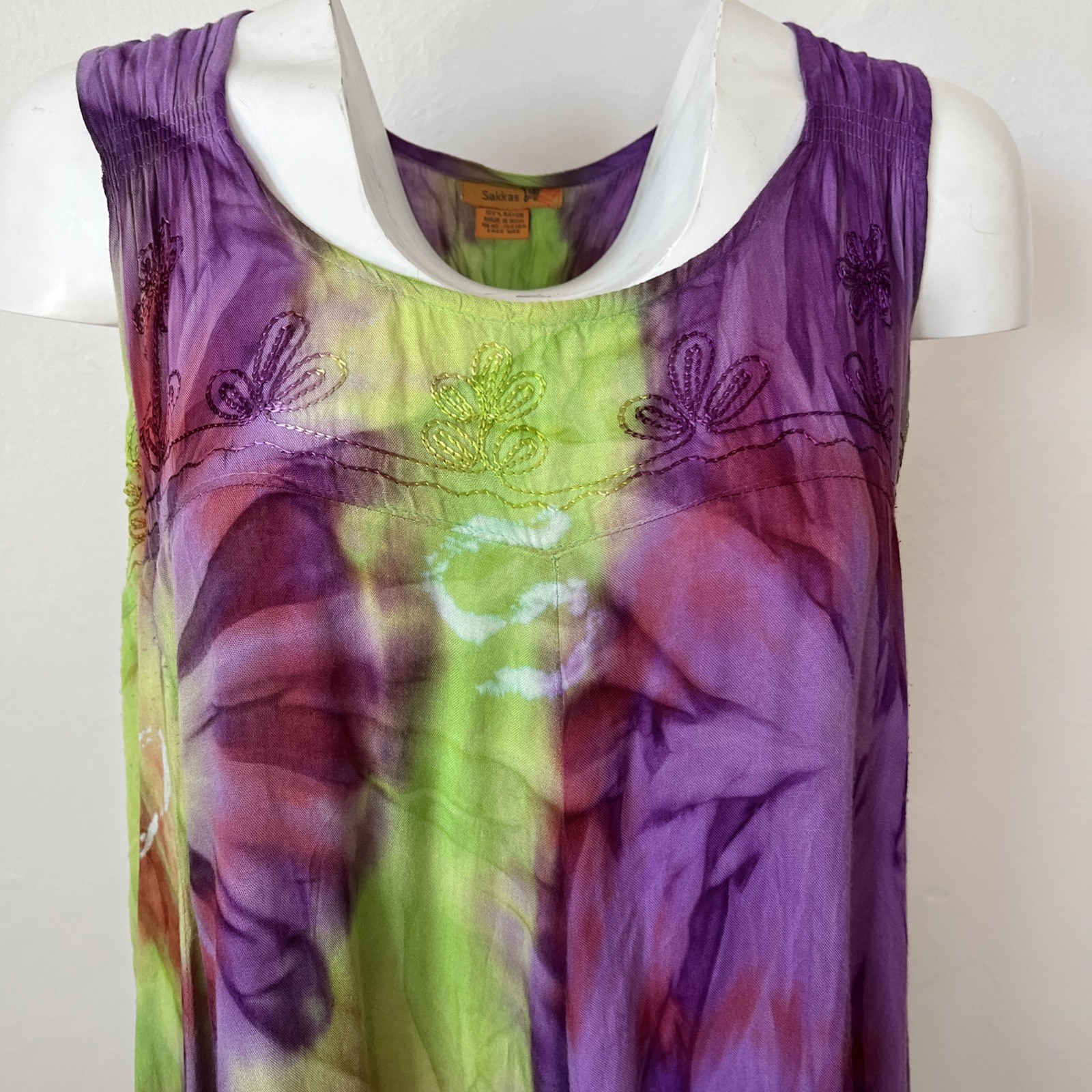 Sakkas Sleeveless Boho Sundress Tie-Dye Purple Embroidered Green Red Free Size
