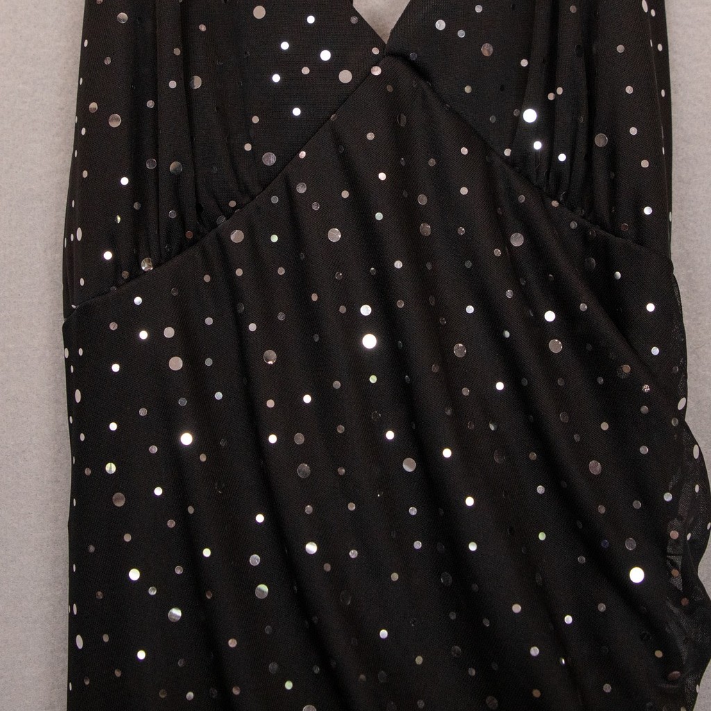 Y2K Jodi Kristopher black silver polkadot halter side ruffle long slip gown-M