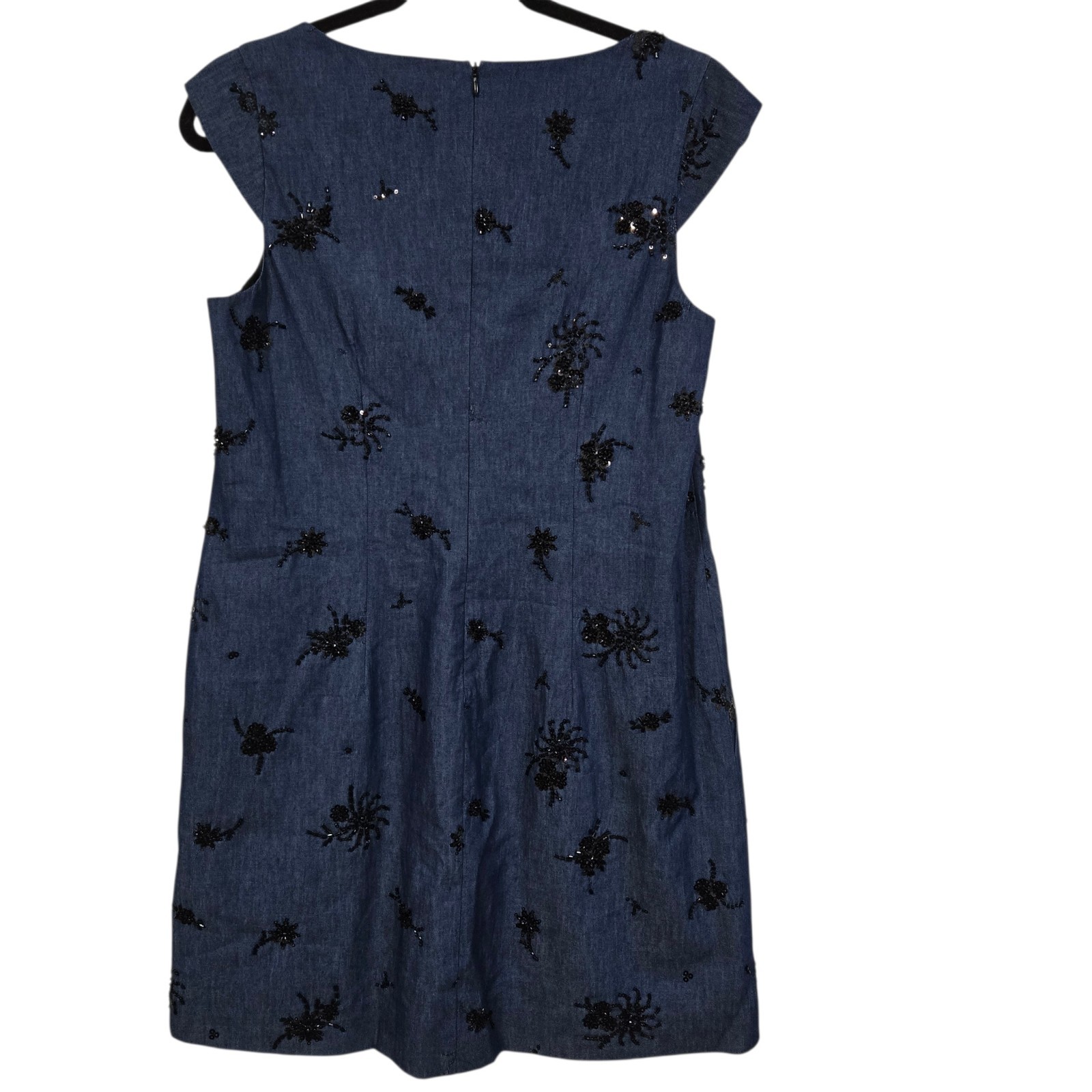 ZARA Blue Denim Color Beaded Shift Mini Dress S Sleeveless Scoop Neck Lined Zip