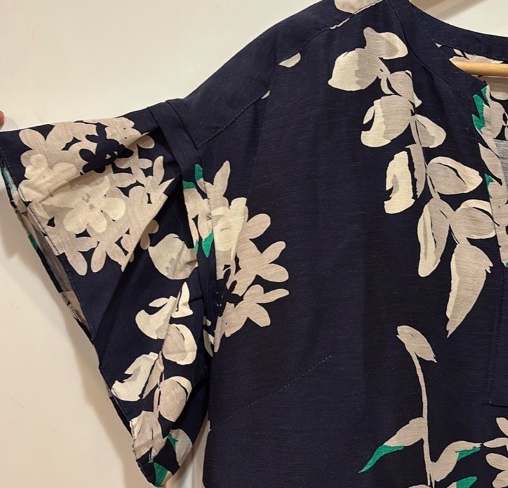 Anthropologie WHIT Silk/Linen Temple Dress in Botanical Print Navy Blue Size L