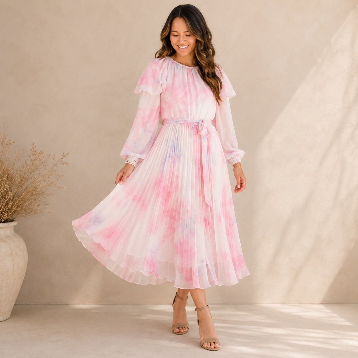 Ivy City Co Lovers Dress S Pink White Chiffon Pleated Long Sleeve Ruffle Midi