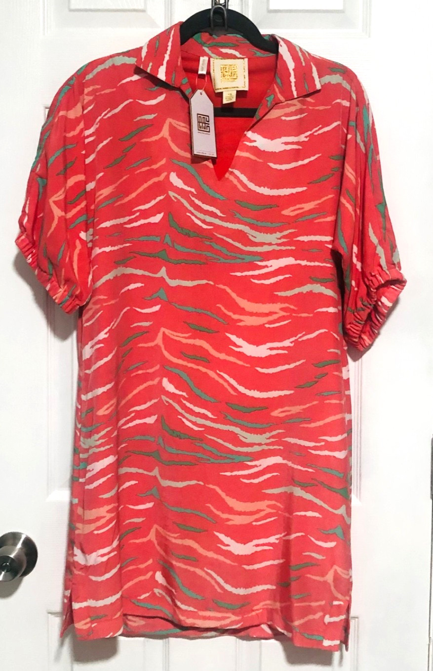 Emily McCarthy Tiger Print Poppy Dress Coral Pink Puff Sleeve Resort Mini Dress