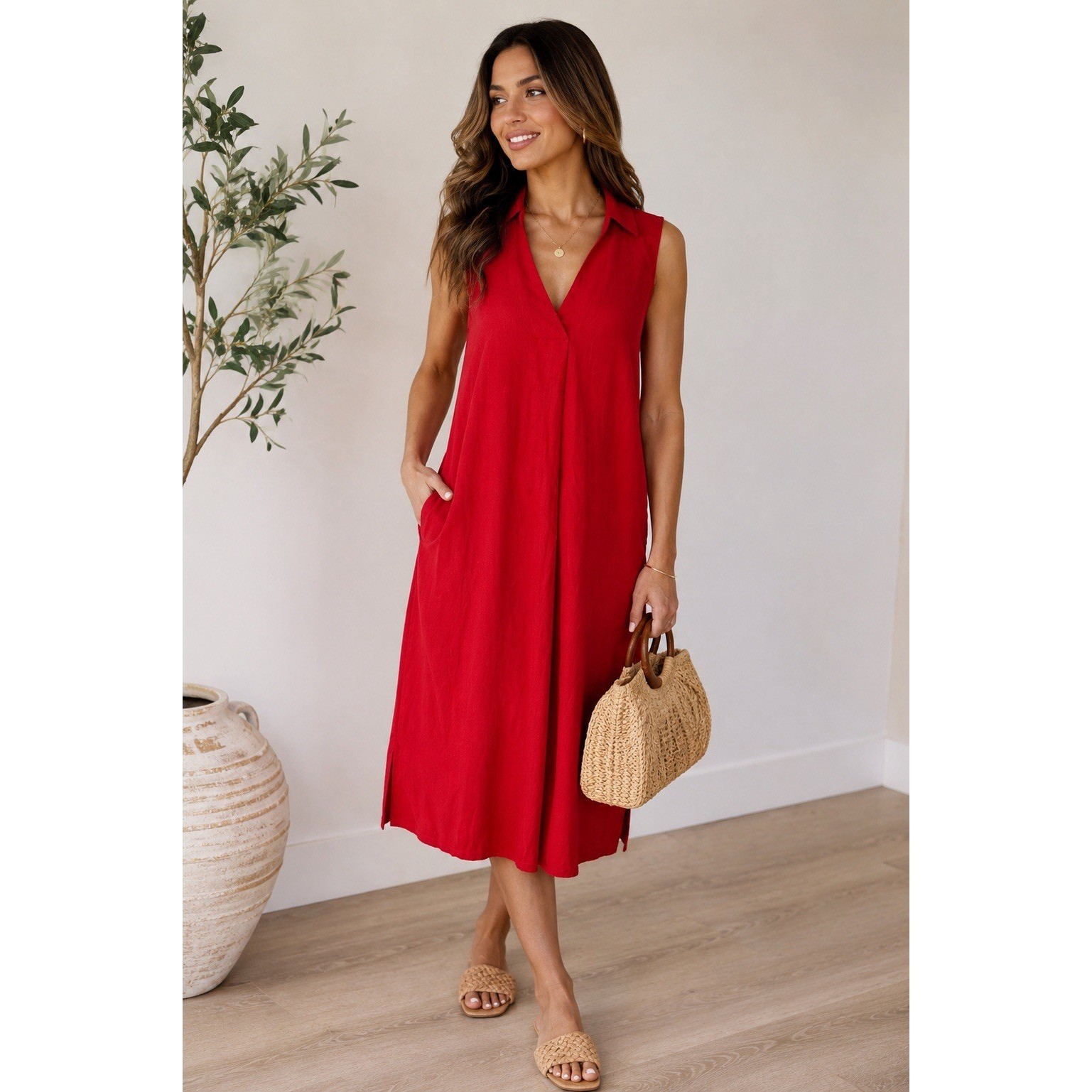 Liz Claiborne Red Linen Rayon Sleeveless V-Neck Midi Shift Dress Womens Medium