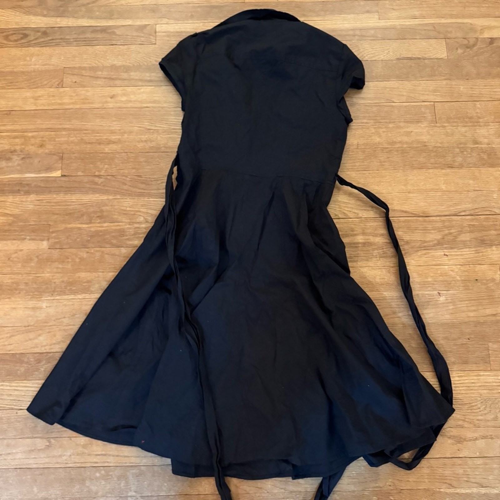 Loft black belted collared fit & flare cap sleeve midi dress size 10P b59