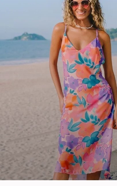 Cupshe Sakura Cream Pink Orange Multicolor Floral Midi Slip Dress Crossback M
