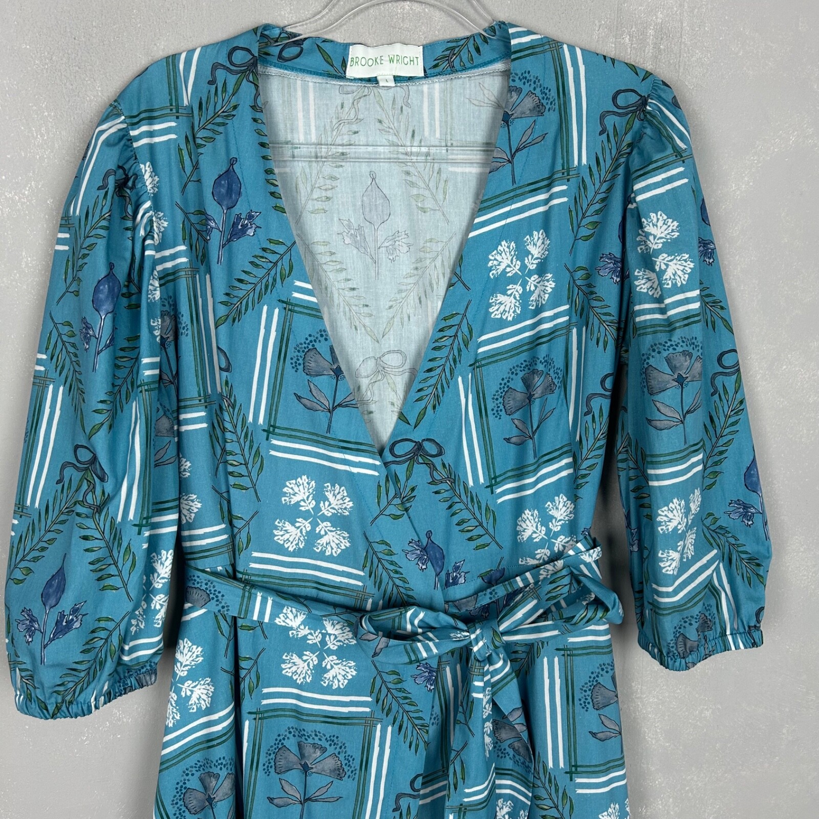 Brooke Wright size L Kitty midi wrap dress blue botanical floral linen cotton