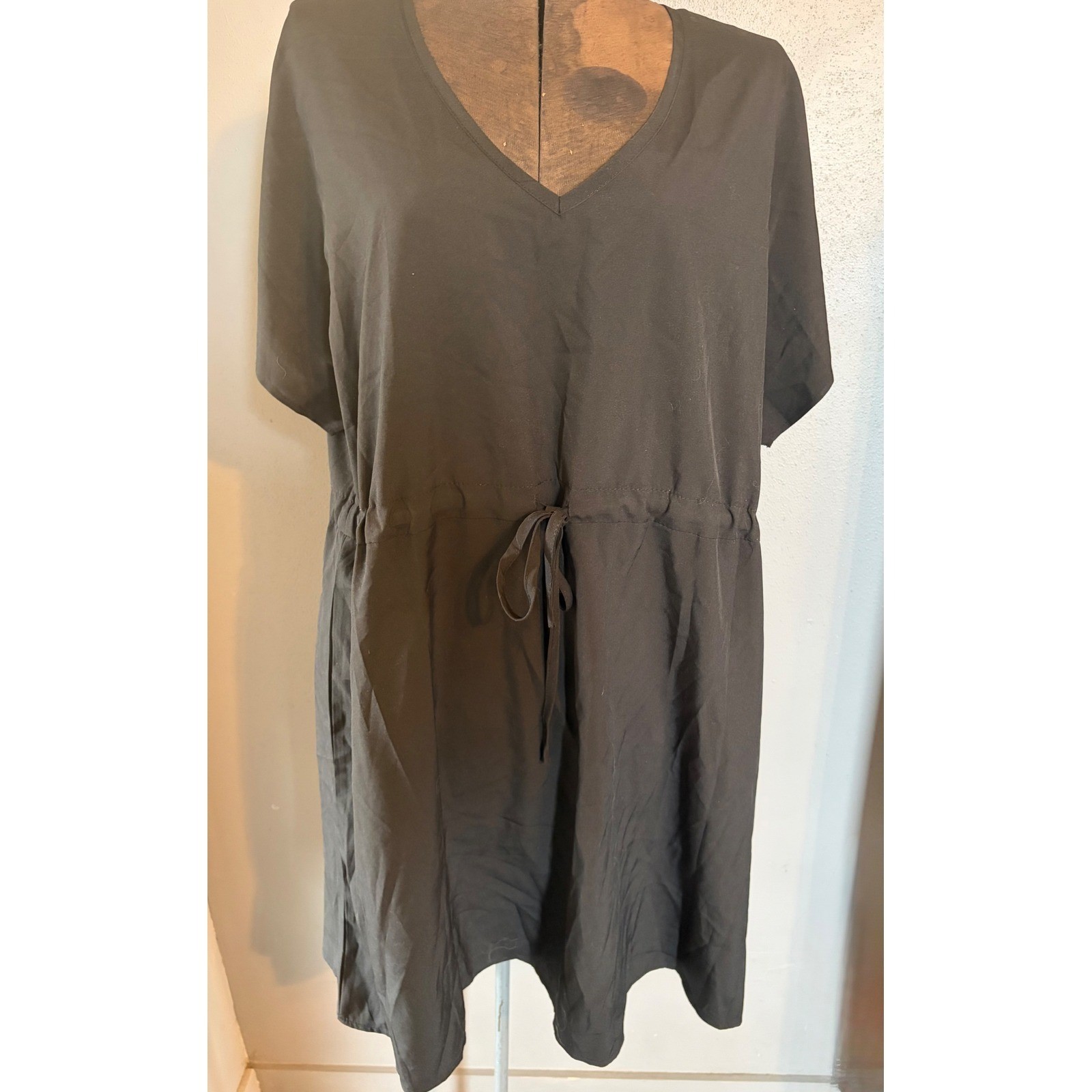 Ekouaer Womens Black Short Sleeve V-Neck Drawstring Waist Casual Dress Large NWT