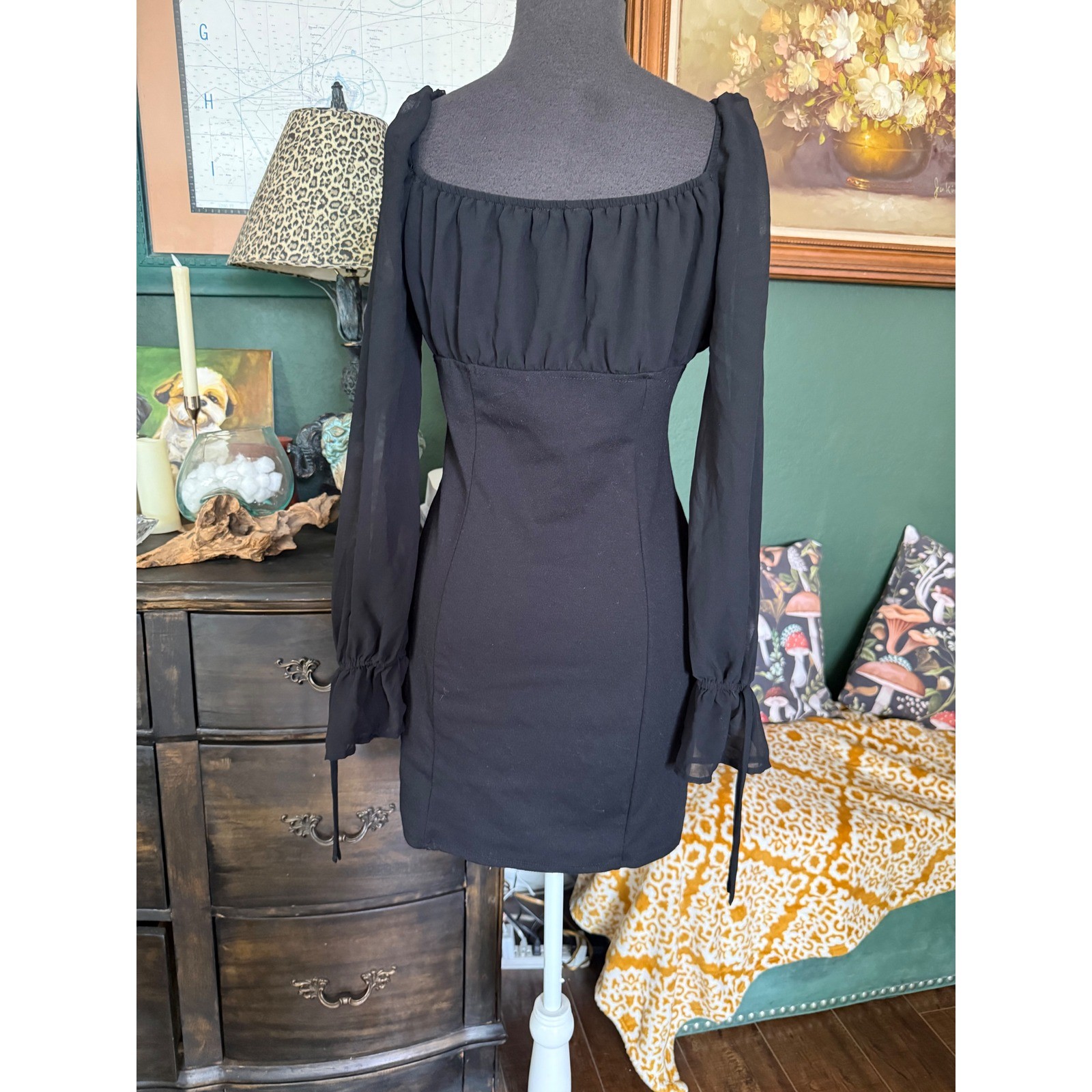 Forever 21 Black Hook and Eye Corset Milkmaid Mini Dress Sheer Long Sleeve Large