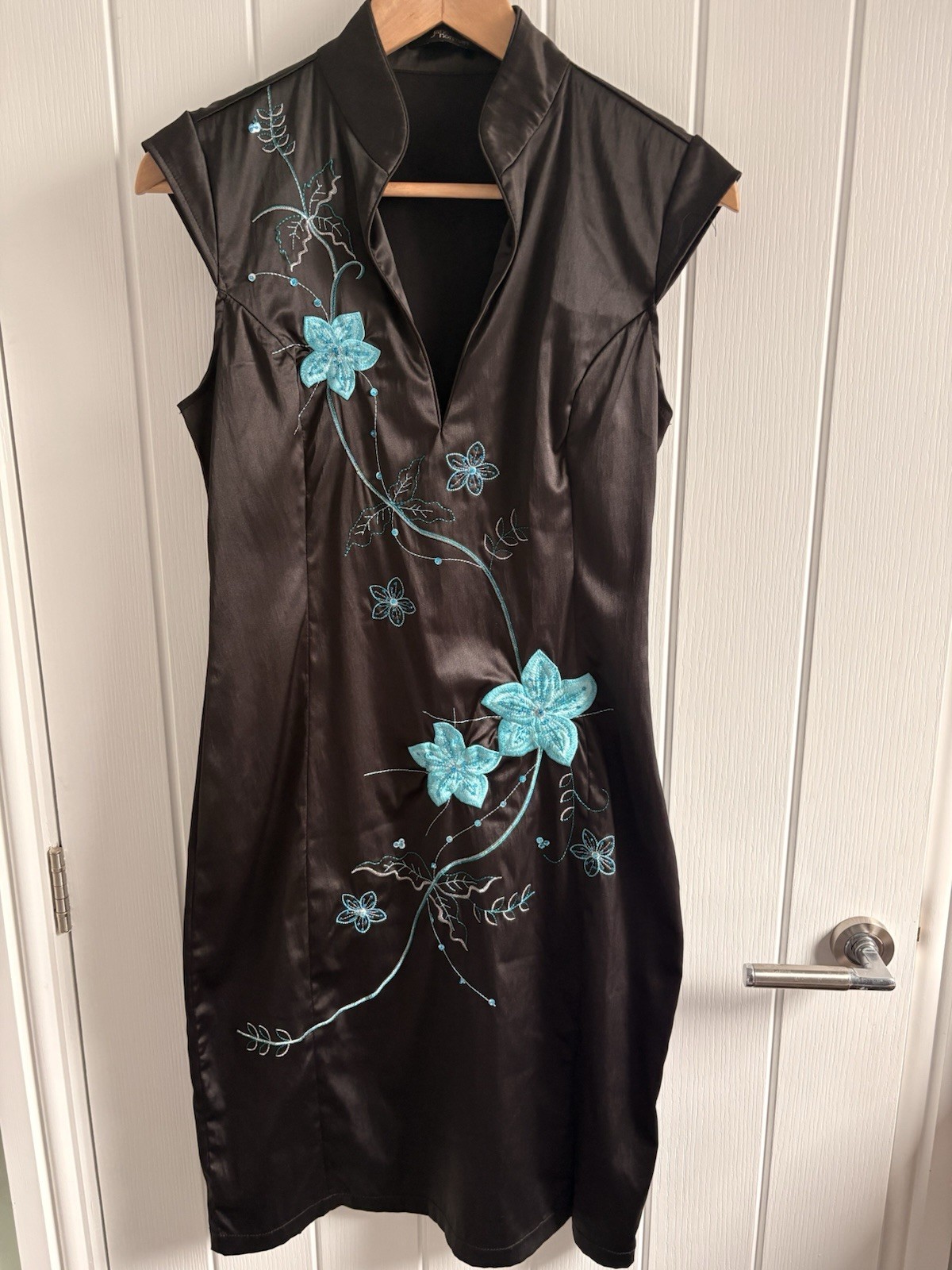 Jane Norman Black Blue Oriental Chinese Party Dress 8/10 Evening Y2K Vintage